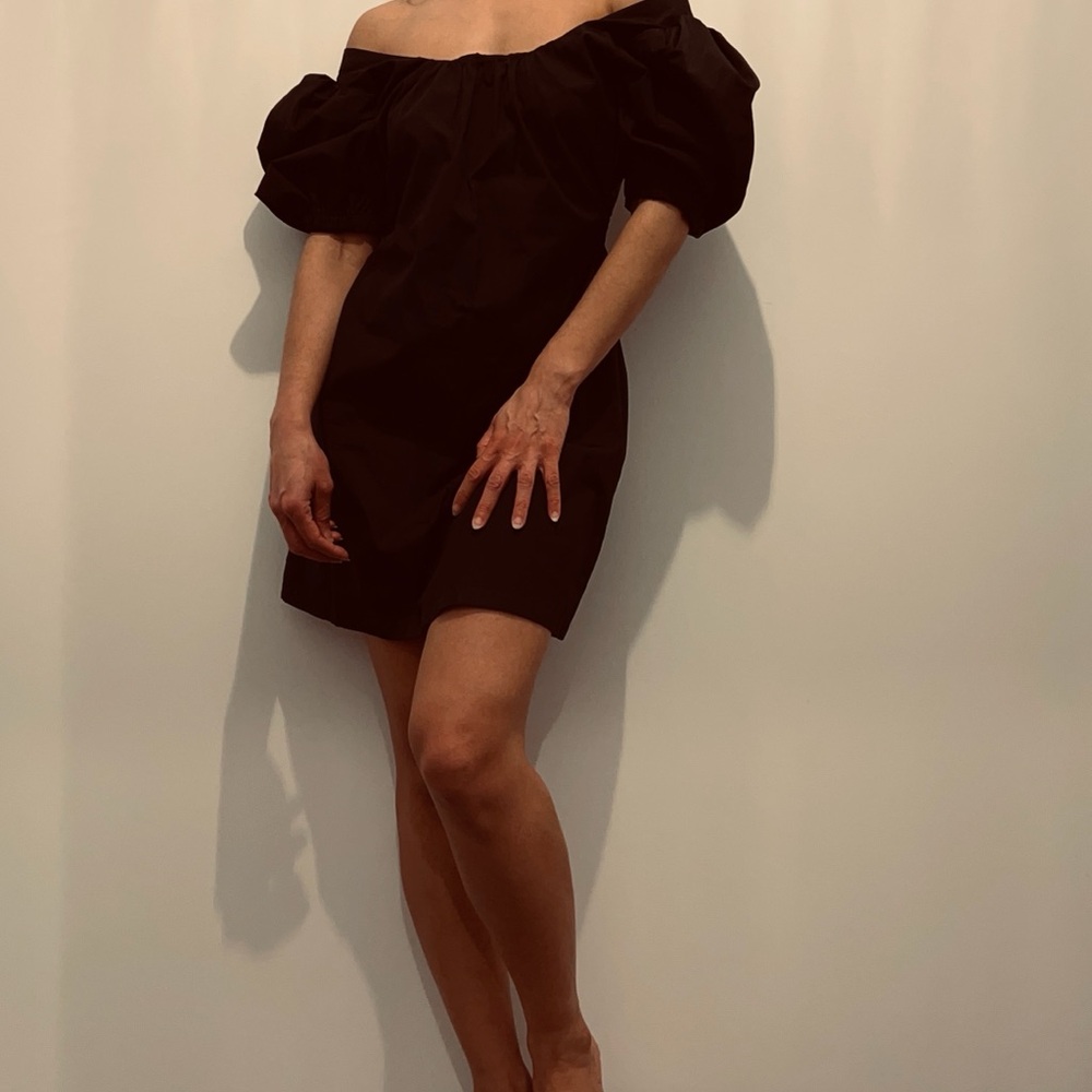 Casual off the shoulder black dress with puffy sleeves
